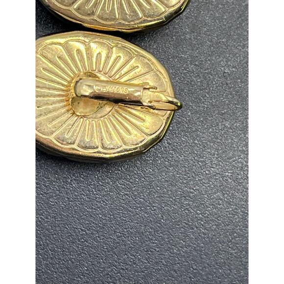 Emmons Vintage Cobalt Blue Oval Cabochon Gold Tone Scallop Clip Earrings - Picture 8 of 12